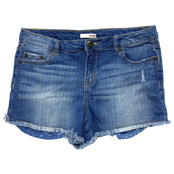 BONGO Pants - BONGO Peekaboo Pocket Denim Cutoff Shorts Size 7 Raw Hem Blue Lace Boho Midrise